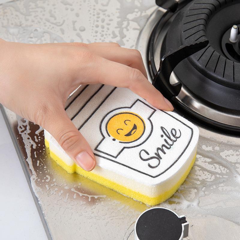 4pc Cartoon Smiley Face Dishwashing Sponges Kitchen Double-sided Scouring Pads Household Pot Washing And Bowl Cleaning