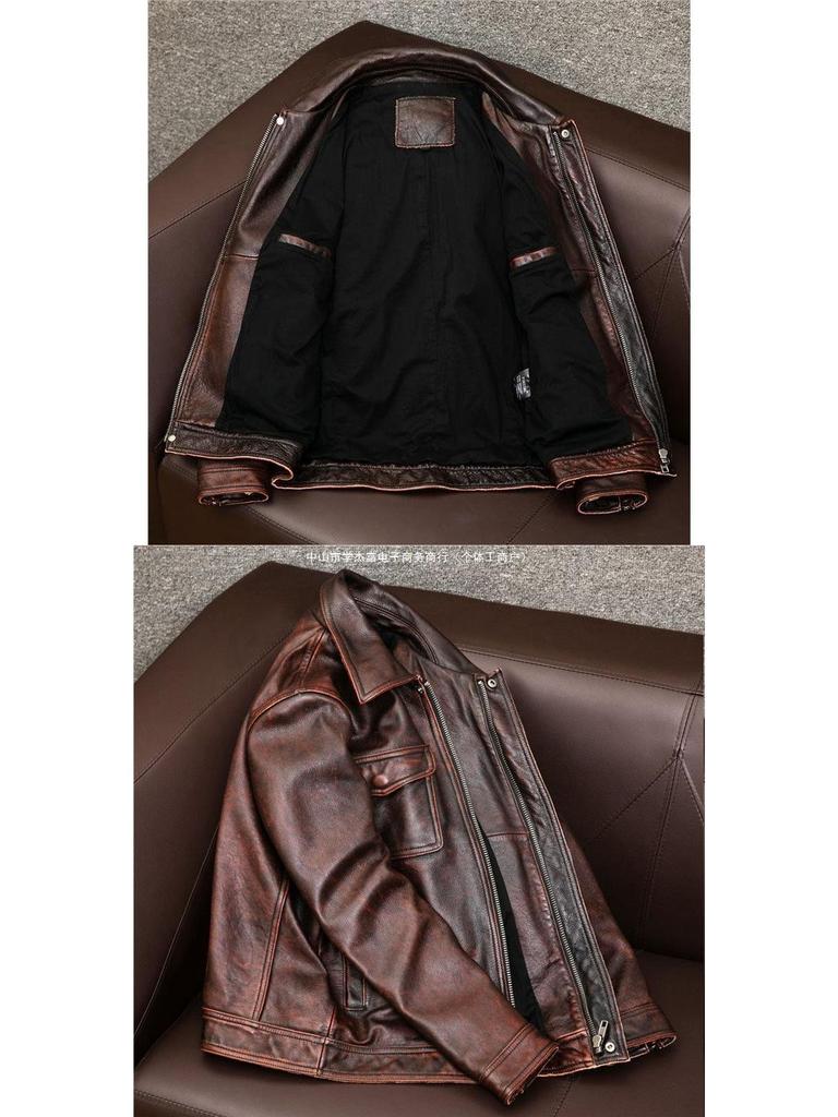 Men's Genuine Leather Turn-Down Collar Jacket - Short Style Cowhide Texture with Cotton, Plus Size - Ideal for Autumn & Winter