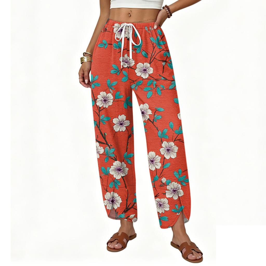 Women's Casual Loose Straight Leg Drawstring Printed Long Pants with Relaxed Fit Lightweight Breathable Fabric for Everyday Wear