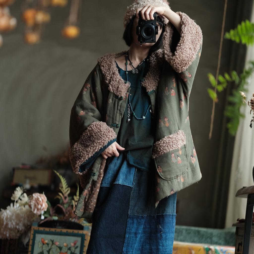 Johnature Women Plaid Khaki Vintage Button Long Sleeve Coats Winter Chinese Style Patchwork Blend Pockets Coats