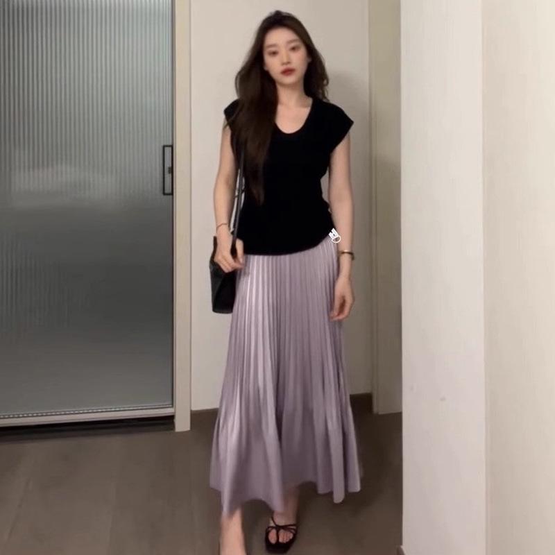 Elegant Maternity A-Line Crystal Satin Pleated Long Skirt 2XL