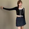 New Arrivals Open Run Women Cropped Long Sleeve Knit Ribbed Button Lace