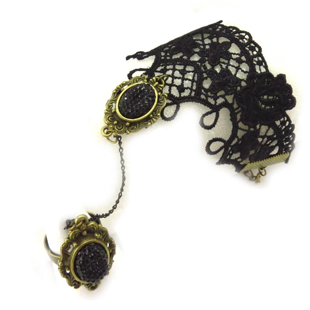 Les Trésors De Lily [K6580] - Designersett 'Courtisaner' svart (blonder) (armbånd ring + ankelkjede)