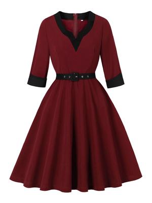 Elegantes Retro-Damenkleid mit V-Ausschnitt, Color-Blocking und Dreiviertelärmeln für Herbst-/Winterveranstaltungen
