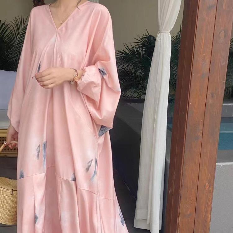 Korean Chic Vacation Style Dress Women Loose Casual Bat Sleeve V-neck Ink Print Design Retro Spring Summer Fashion
