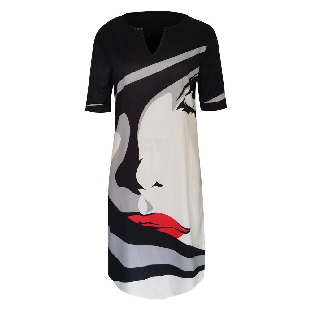 Women's Summer Retro Printing V-Neck Short Sleeve Comfy Casual Dress