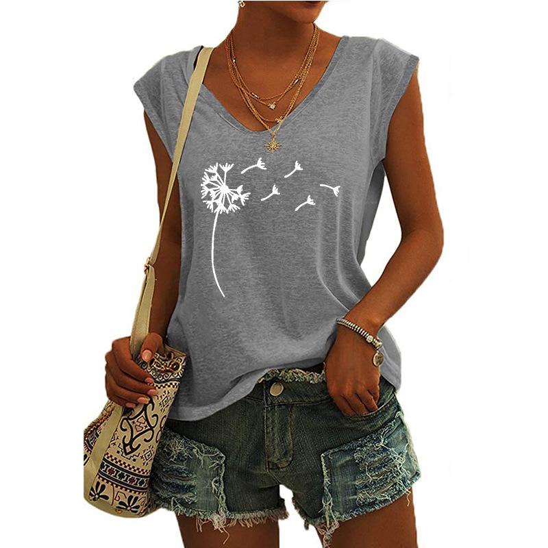 2023 Trendy Women's V-neck Print Cap Sleeve Loose T-shirt Top