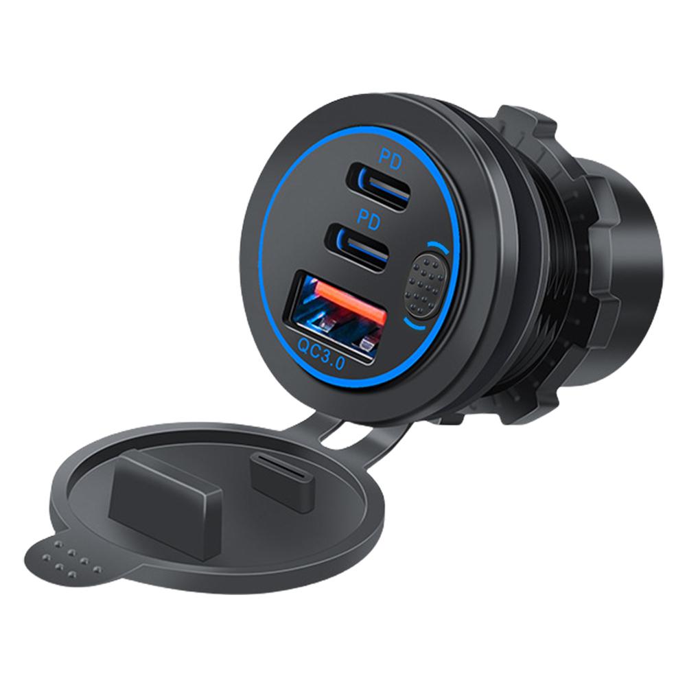 

12V-24V Power Outlet Waterproof Car Charger Socket 3 Ports PD Type C QC 3.0 Fast Charge Adapter USB Outlet for ATV Boat Truck синий