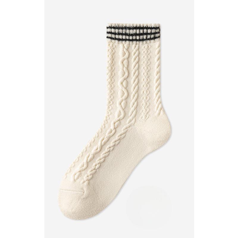 Wool Socks, Women's Linen Patterned Mid-calf Socks, Thick and Warm Cashmere Long Calf Socks for Autumn and Winter, Versatile Socks