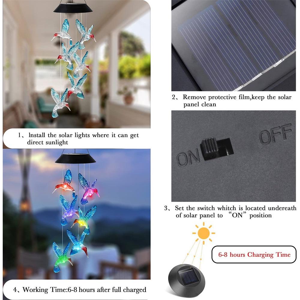 Solar Blue Hummingbird LED Wind Chime Light for Courtyard Landscape