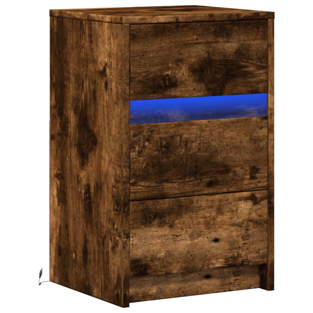 LED Nightstand, Smoked Oak, Wood-Based Material