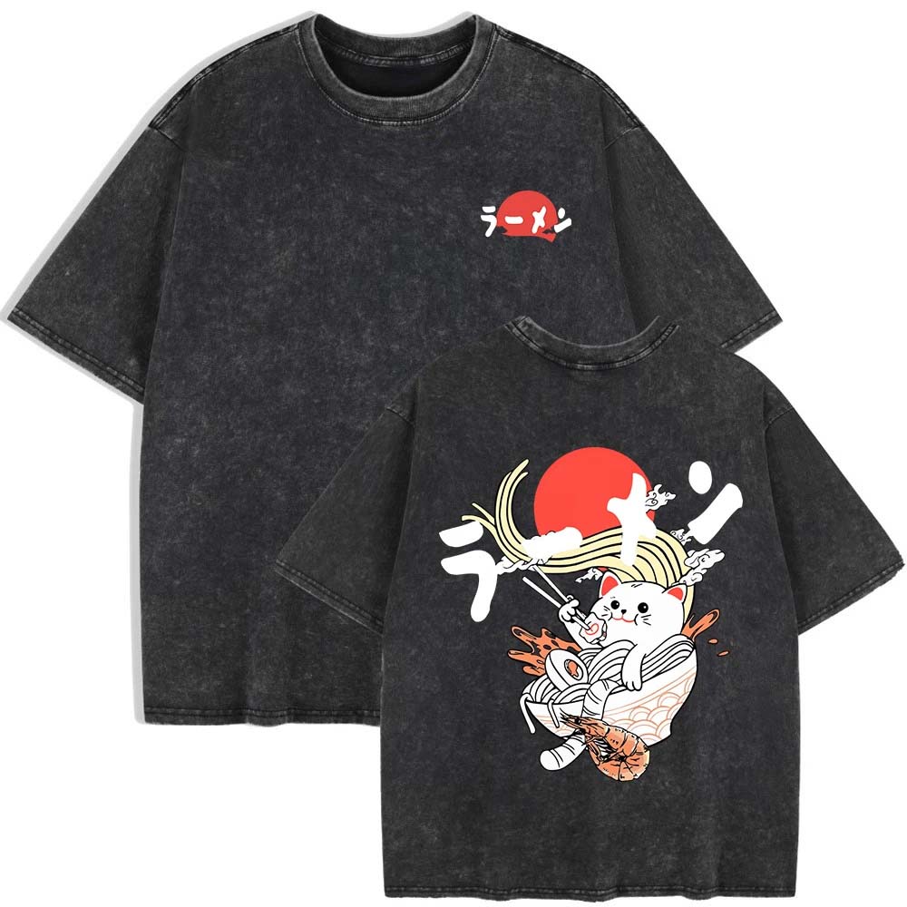 

Japanese Noodle Cat Prints Washed T-Shirts Womens Cotton Short Sleeve Tops Summer O-Neck Oversized T Shirt Woman Clothes S