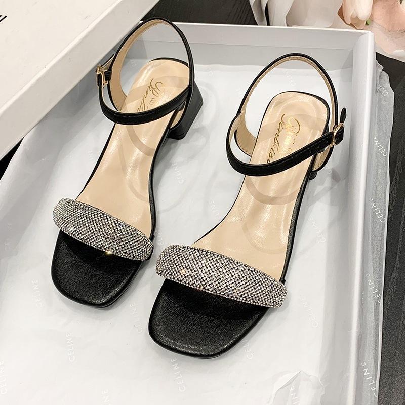 Fairy Feng Shui Diamond Coarse Heel Sandals Women's Summer 2025 New Versatile One-word Belt Temperament Medium Heel French Women's Sandals