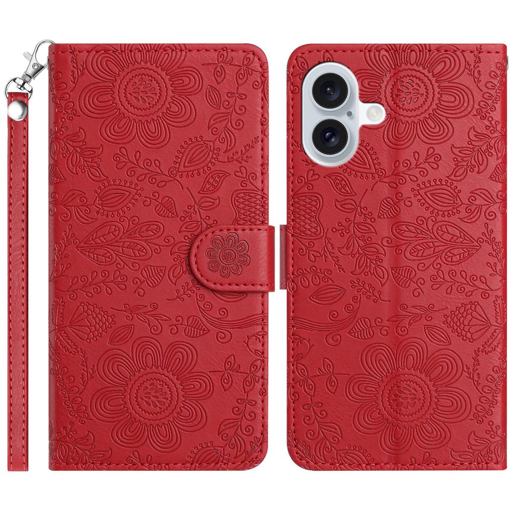 For iPhone 16 Plus Case Flower Imprint Leather Flip Wallet Phone Cover with Wrist Strap