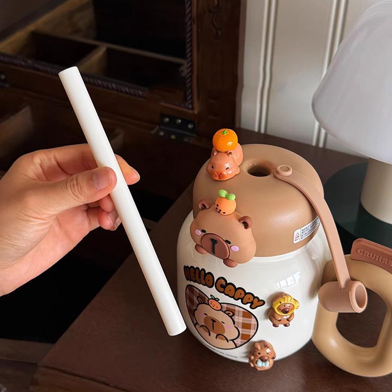 Cute Thermos Bottle With Handle Girls Straw Water Cup Desktop 316 Stainless Steel Tea Water Separation Insulated Cup Tumbler