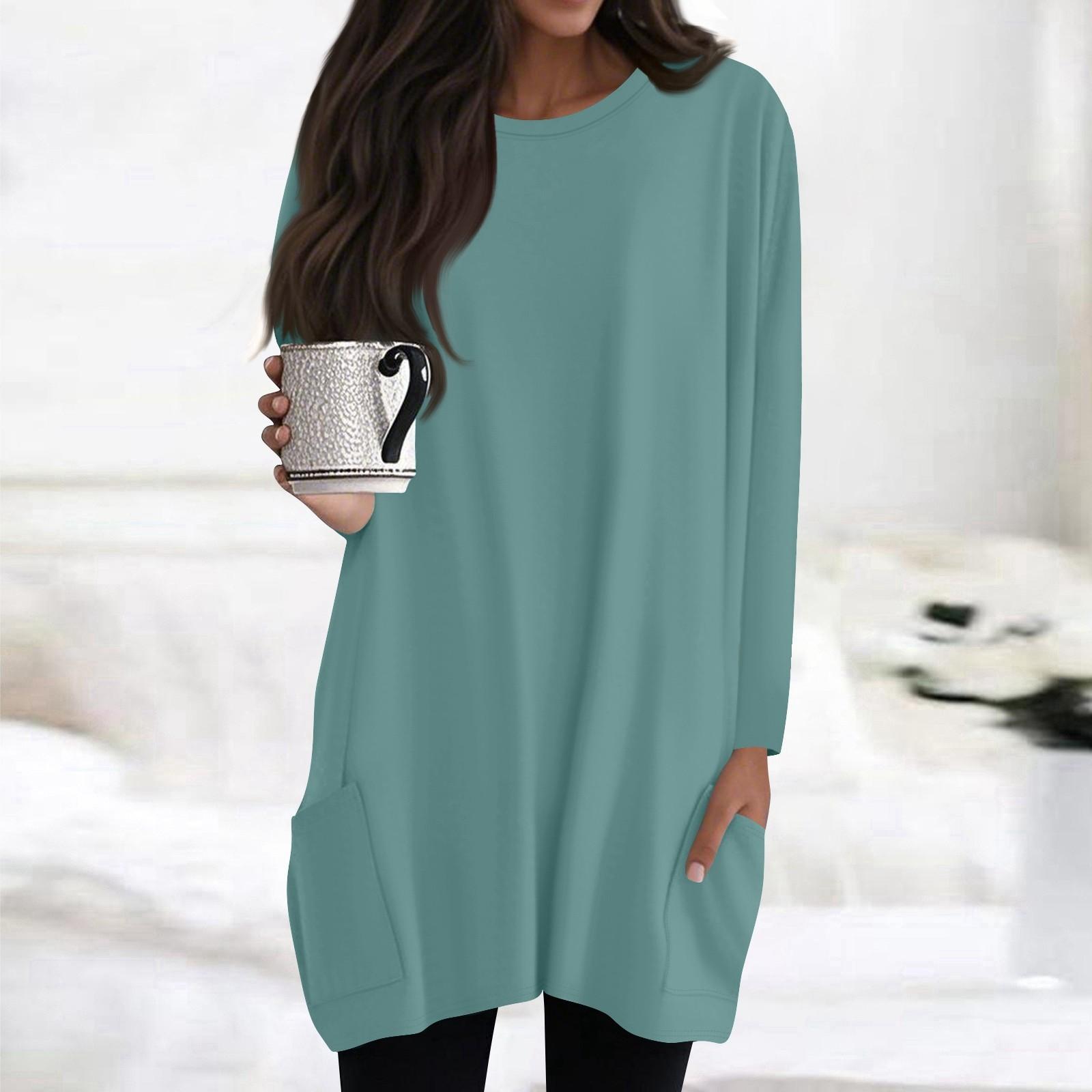 

Жіночі топи з круглим вирізом, блузки з довгим рукавом, повсякденні сорочки середньої довжини, модні туніки з принтом та кишенями M