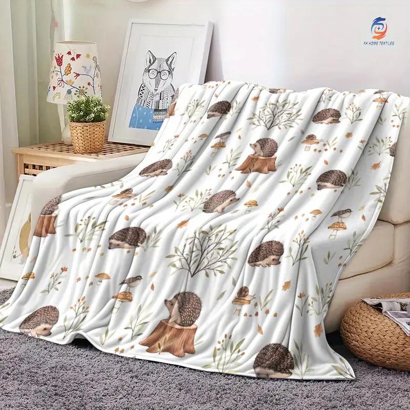 1 Cute Hedgehog Animal Blanket, Perfect Gift - Digital Print Flannel Nap Blanket for Sofa, Bed, Camping and Holidays