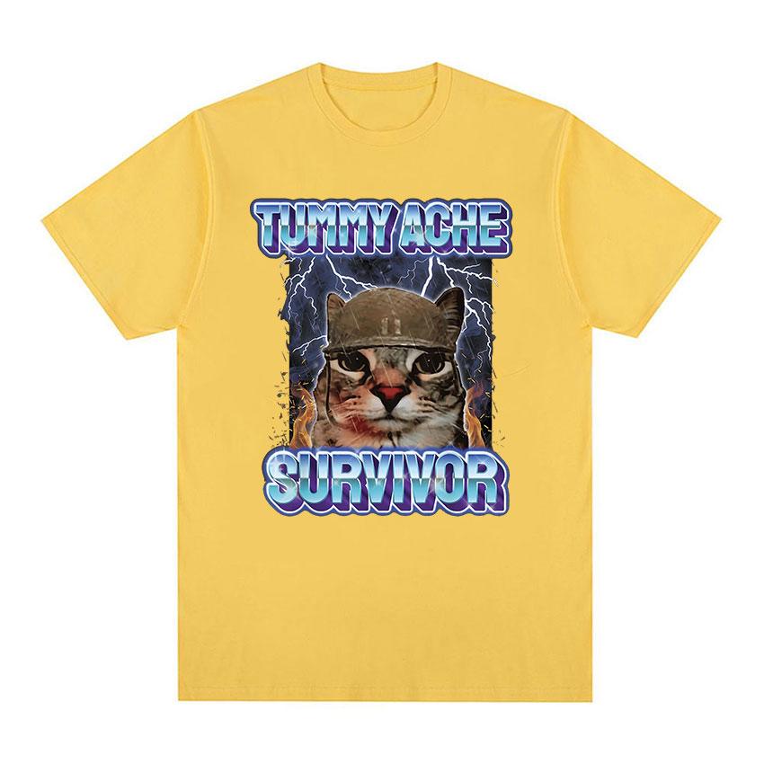 Vintage Tummy Ache Survivor Funny Cat Meme Tee Shirt Men Women Clothing Fashion Short Sleeve T-shirt Casual Pure Cotton T Shirts