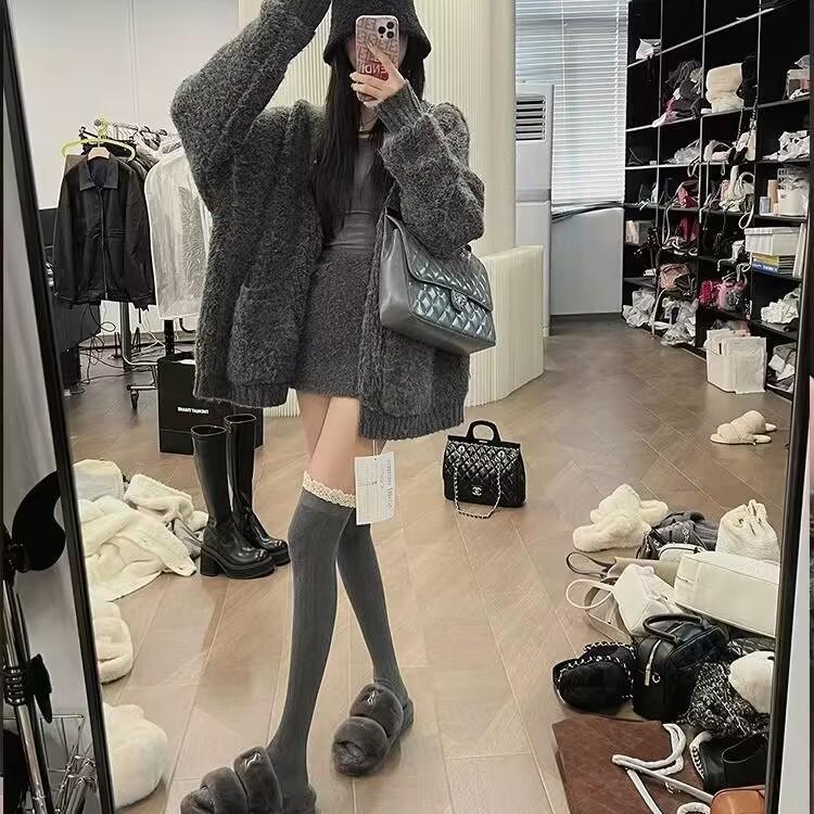 Women's Autumn/Winter Lace Patchwork Thigh-High Socks - Slimming, Solid Color & Vertical Stripes