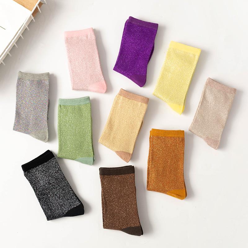 Colorful Japanese Style Metallic Thread Glitter Sparkle Crew Socks Shiny Pearl Black  Pink Cute Kawaii Gift Designer Christmas