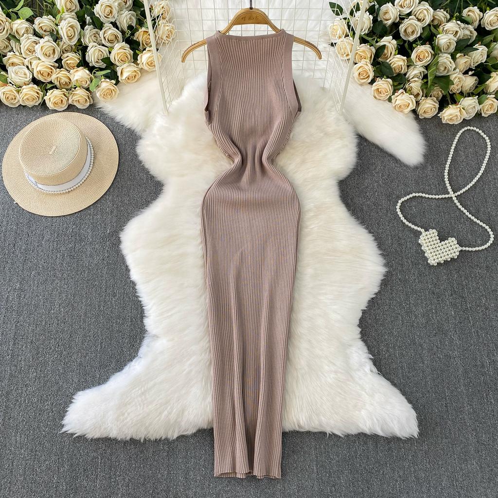 Summer Women Elegant Sleeveless Hollow Out Office Work Midi Knitted Sweater Pullover Sheath Dresses For Ladies
