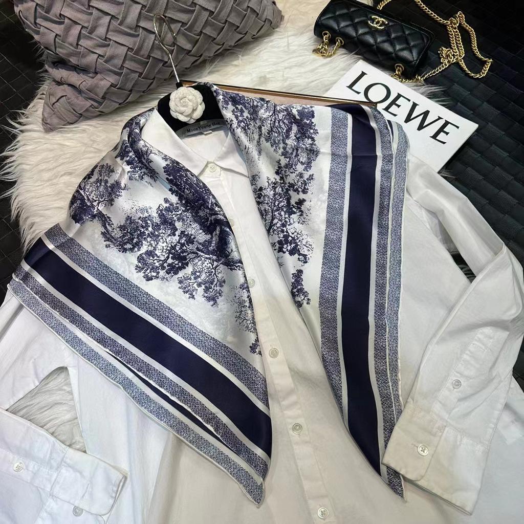 Bysifa|New Blue Silk Scarf Hijab Shawl Women Fashion Accessories Head Neck Scarves Printed Fall Winter Square Scarves Wraps 90Cm