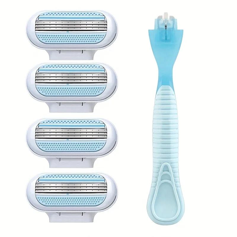 

5 шт. Женская безопасная бритва из 3-слойной нержавеющей стали, ручные лезвия для бритья бороды, волос на теле, подмышек, бедер, портативная бритва 1Shaver+ 4 razor blades