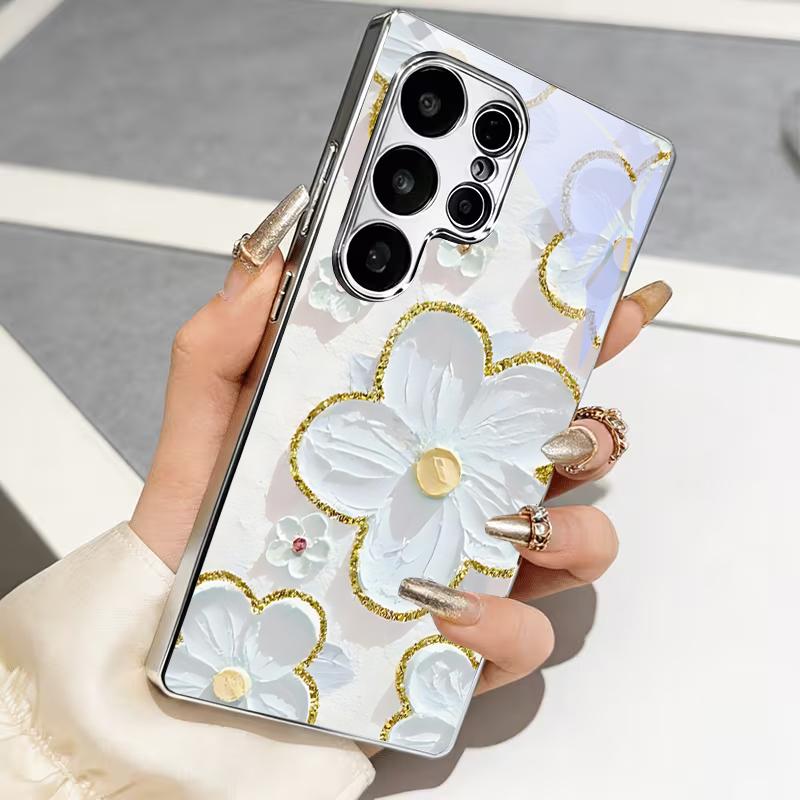 Gilded Impasto Bloom Electroplated Silver Phone Case For Samsung A31 A22 A32 A42 A52 A72 A13 A36 A56 A07 A17 A37 A57 Glass Cover