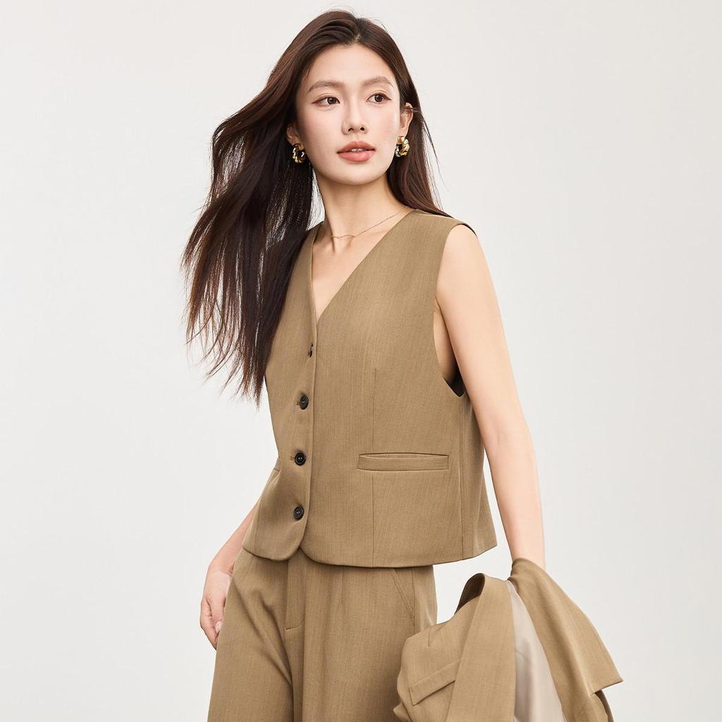 Women's Fashion Khaki V-Neck Vest Waistcoat for Spring & Autumn - Casual Professional Commute Style