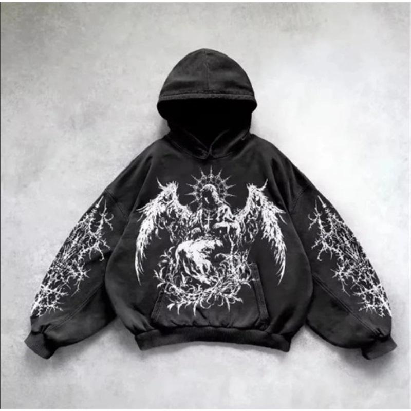 Unisex Dark Gothic Punk Graphic Print Pullover Hoodie Long Sleeve Loose Streetwear Sweatshirt For Men Women