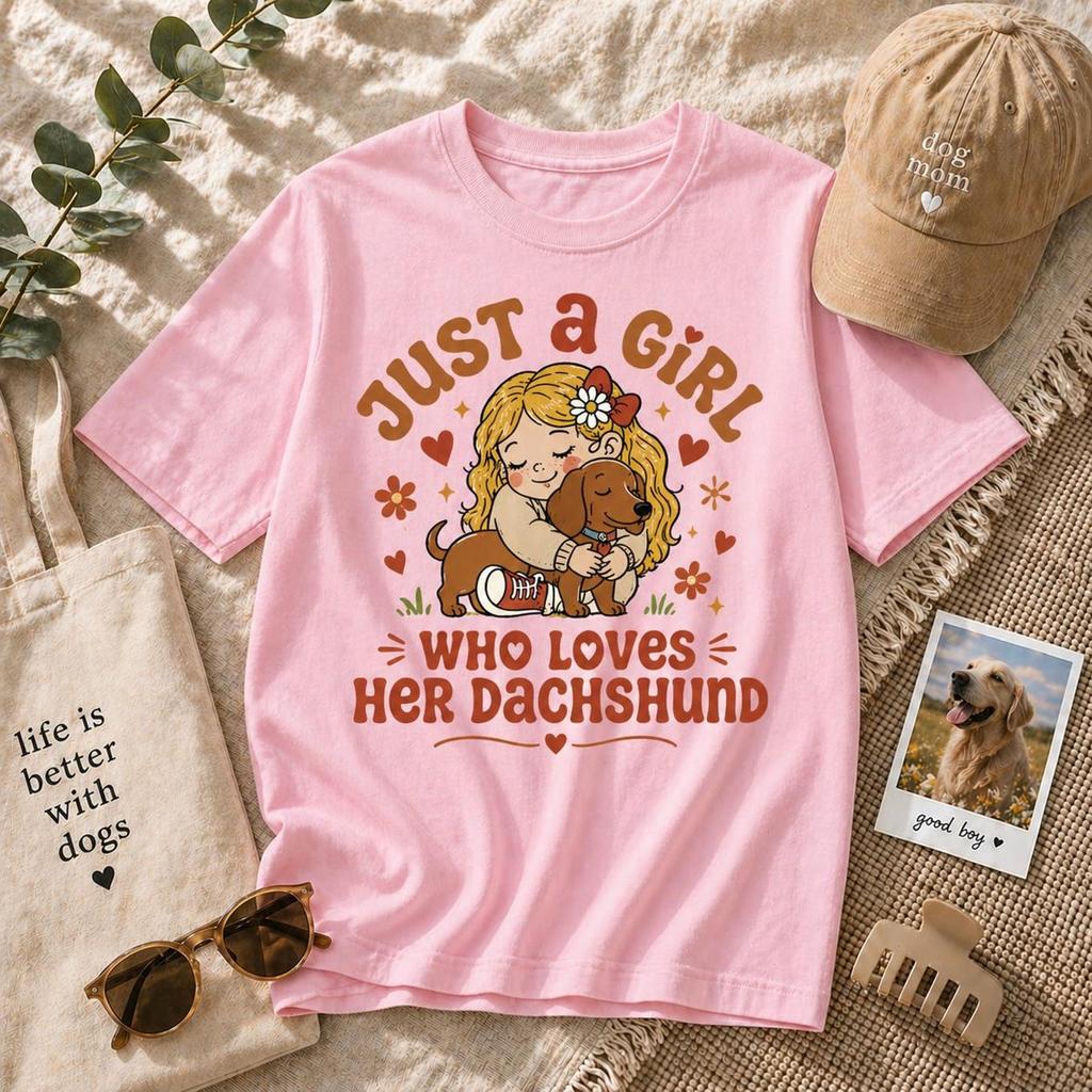 Girl Loves Dachshund T-Shirt, Retro Wiener Dog Mom Tee, Puppy Lover Shirt