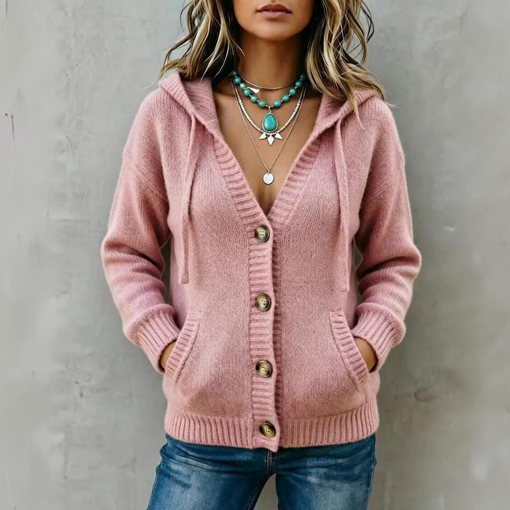 Cardigan a maglia con cappuccio da donna comodo con chiusura a bottoni per l'uso casual autunnale invernale
