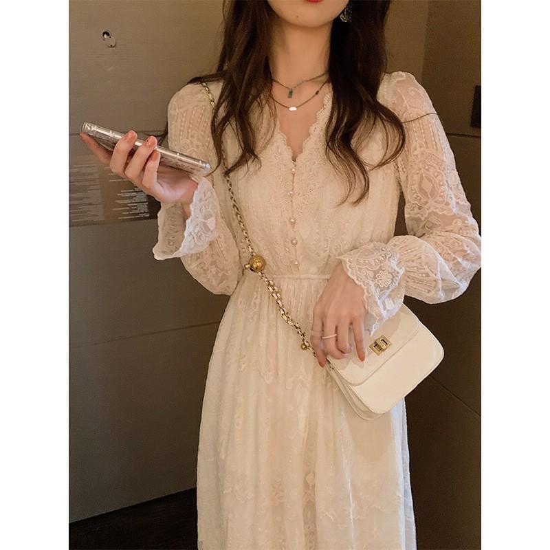 Early Fall High-end Temperament Goddess Model Clothes French Hepburn Style Long Dress White Lace Long-sleeved Dress Sub Plus Size