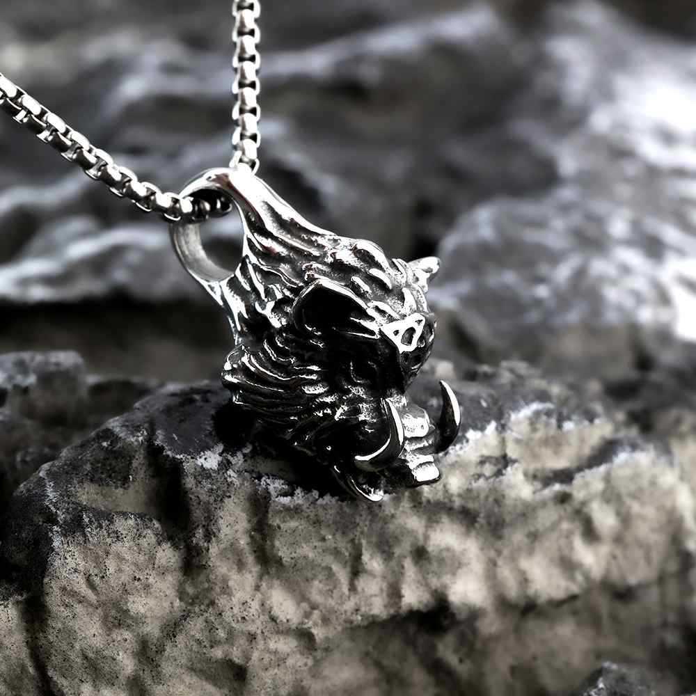 Stainless Steel Wild Boar Head Pendant Necklace - Punk Rock, Cool, Retro Design.