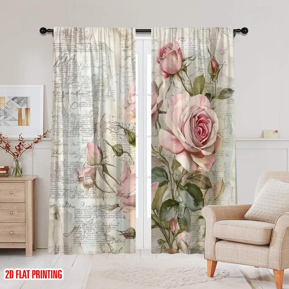 2 szt., druk płaski 2D Drukowane Zasłony Vintage Róże Wszechstronna Tkanina Poliestrowa (bez pręta) Dekoracje Do Domu Ldealne dla