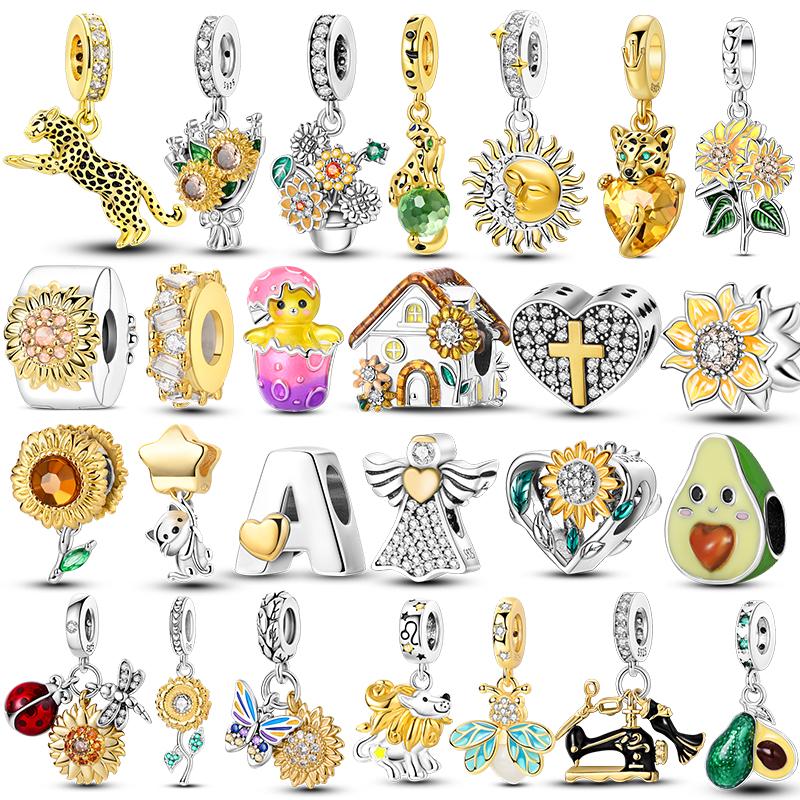 New In 925 Silver Golden Sunflower Lucky Stars Charm Fit Original Bracelet Necklace Sun Moon Diamond Charm Jewelry DIY