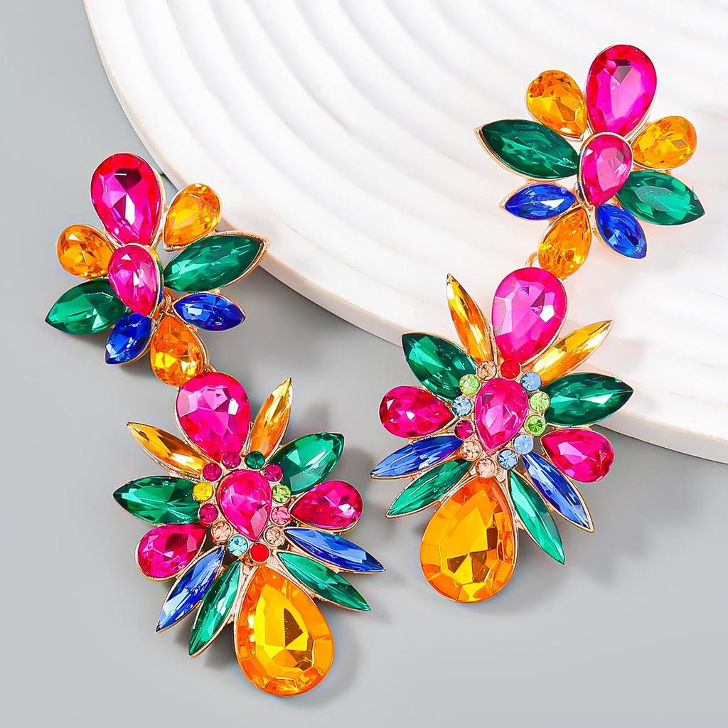Exaggerated Multi-Layer Diamond Floral Alloy Earrings for Women