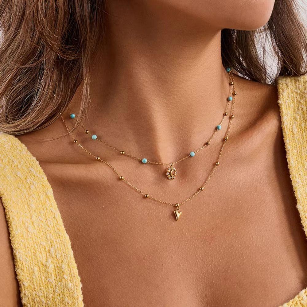 Bohemian 18K Gold Plated Necklace Stainless Steel Double Stacked Neck Chain Sun Pendant  Beach