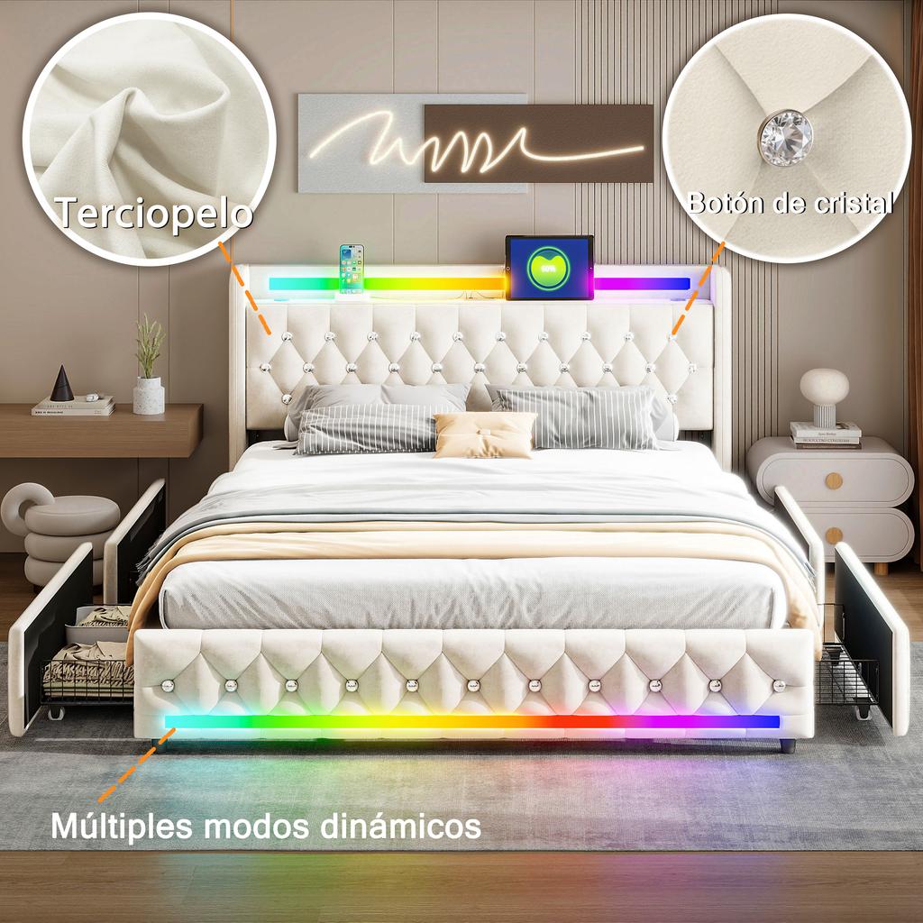 Modern White Black Velvet Fabric Bed with Side Charging Station Bluetooth Speaker Built in Nightlight and Rolling Drawers