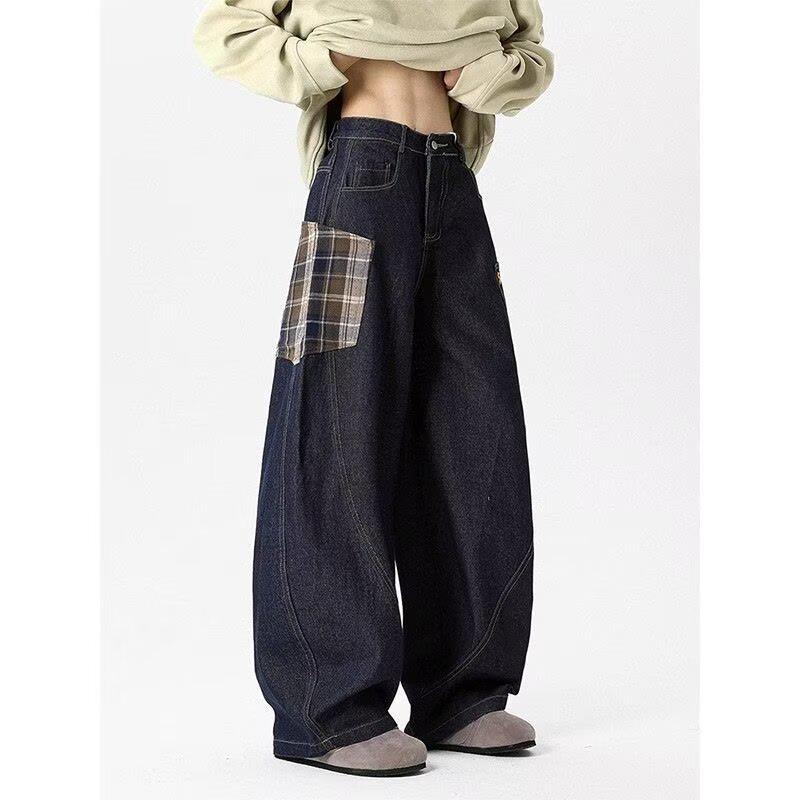 

Чоловічі джинси великого розміру, у стилі печворк з картатими вставками, широкі штанини, укорочені, 2025 L