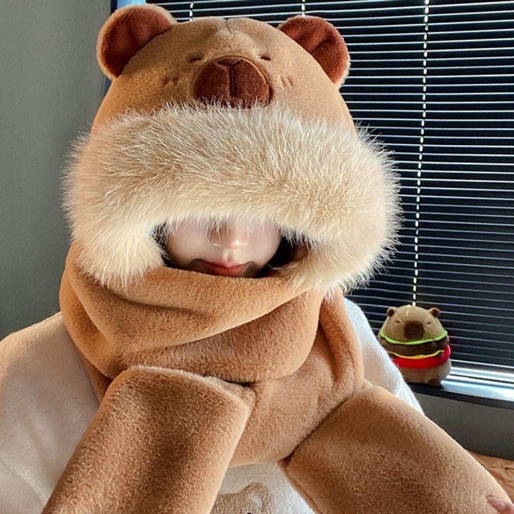 Cartoon Capybara Hat Scarf Set 3 in 1 Cartoon Plush Hat Fashion Scarf Hat Glove for Women  Girls