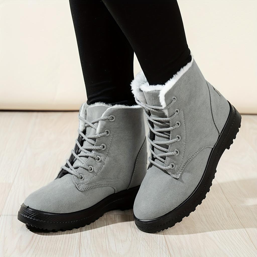 Damen Einfarbige Kurze Stiefel, Lässige Schnürstiefel mit Plüschfutter, Bequeme Winter-Knöchelstiefel