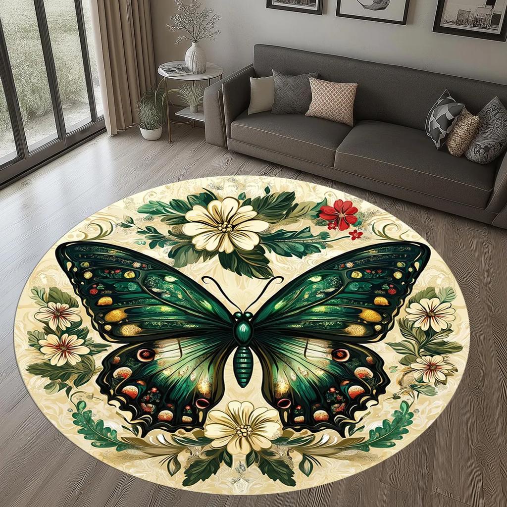 Floral Butterfly Round Rug – Soft Animal-Inspired Area Carpet with Artistic Decor for Living Room & Bedroom