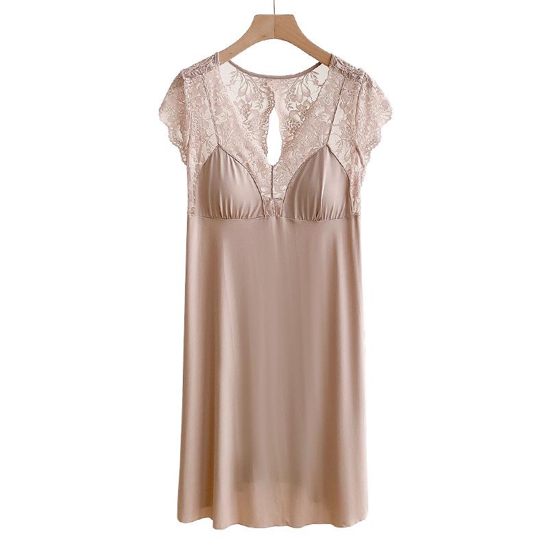 French Ice Silk Nightgown with Built-in Bra, Cool Silky Touch, Short Sleeve, Lightweight Home Wear, Sexy Pajamas