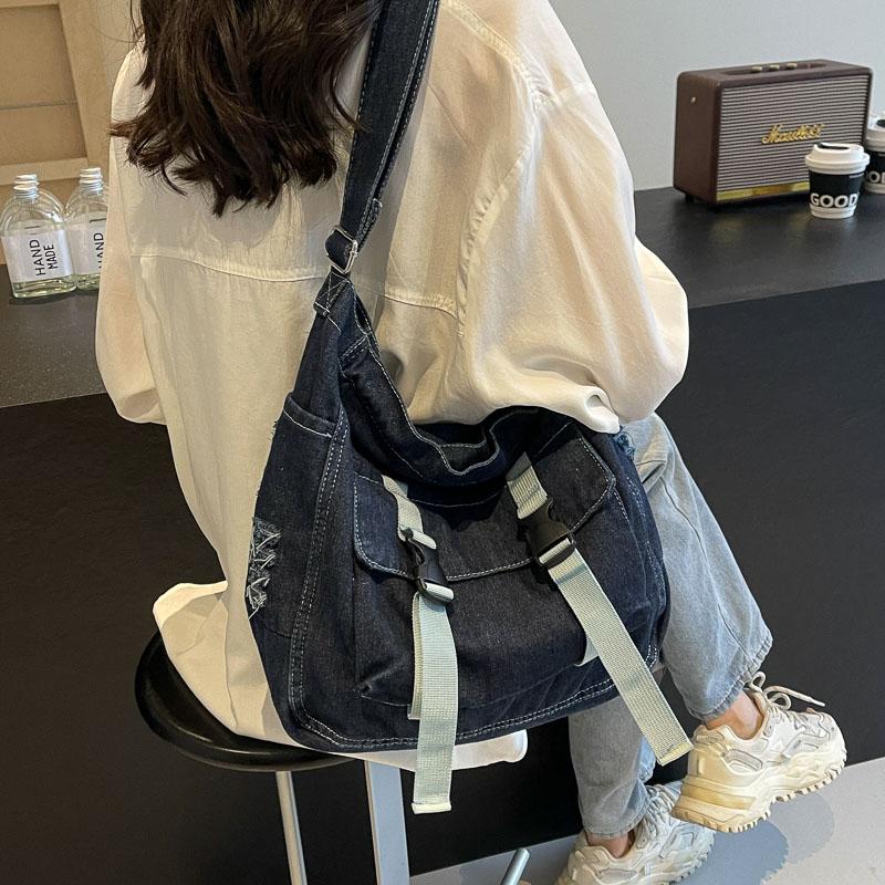 Large Capacity Canvas Bag Crossbody Bag Messenger Bag College Students Denim Shoulder Bag