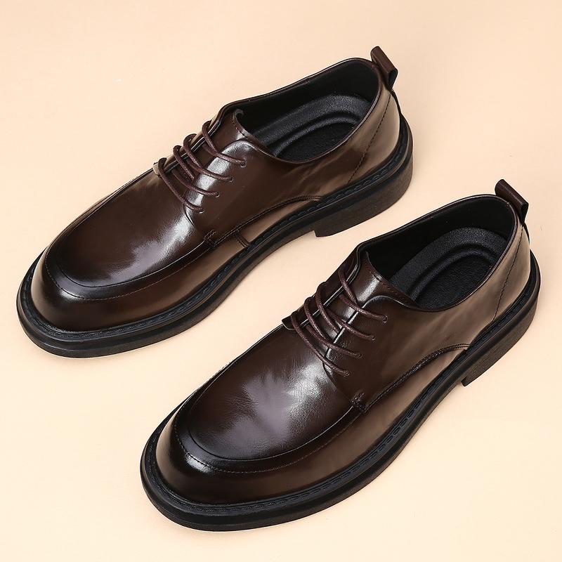 Autumn New Men's Round Toe Thick Soled Derby Shoes Fashion  Men's Comfortable Lace Up Leather Business Dress Shoes