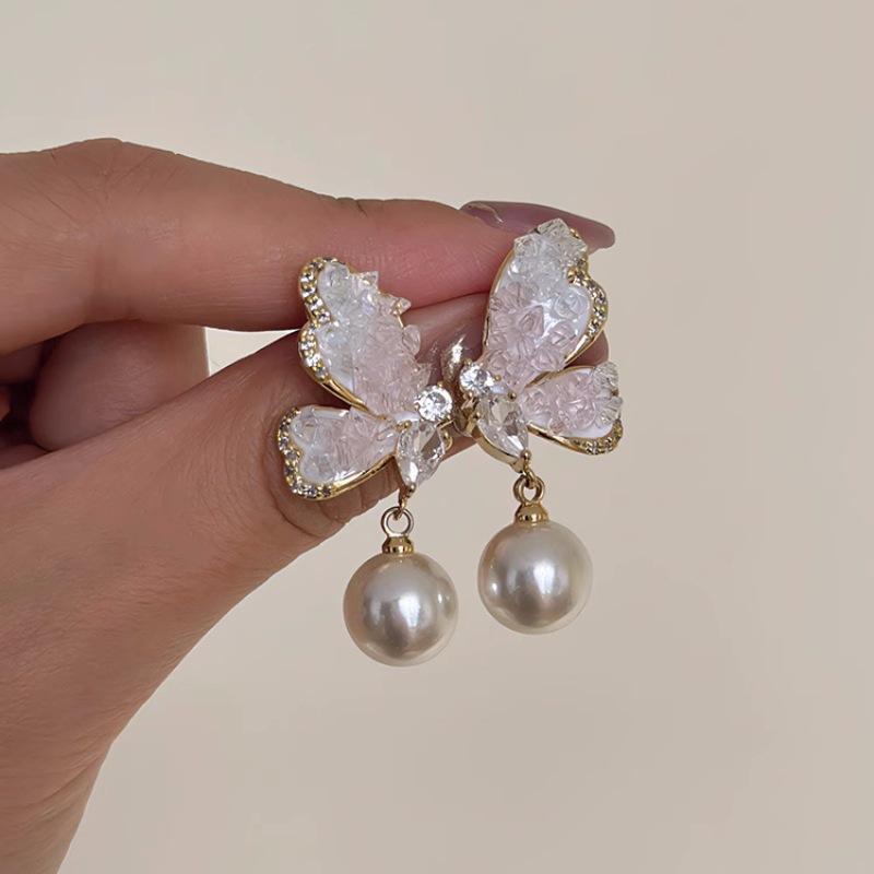 

Elegant Zircon Pearl Crystal Butterfly Earrings Exquisite Shinny Flower Butterfly Earrings Women Party Jewelry