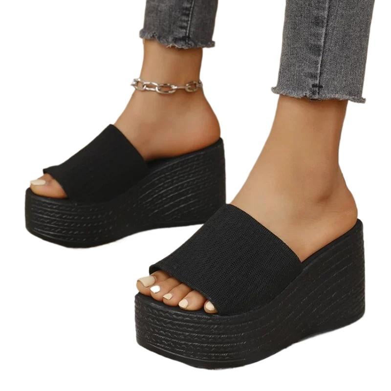 Summer New High Heel One Word Slippers for Women, Solid Color, Casual, Simple Slope Heel,Slippers Women's Shoes Plus Size 35-43