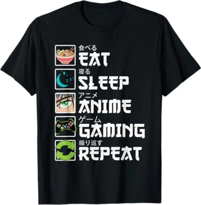 Eat Sleep Anime Gaming Repeat Gamer Men Gifts Anime 100% Cotton T-shirt Mens Tees Top L