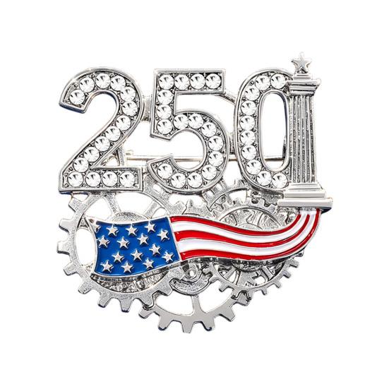 

Women Brooch Golden 3D Number 250 Rhinestones Mechanical Gear Base Metallic Design Brooch Pin Sparkling Number Badge Silver plated